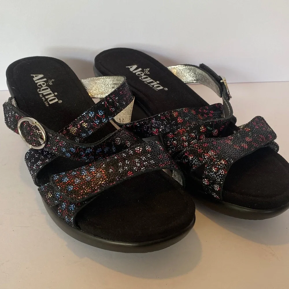 Alegria Wedge Sandals Womens 40 Black Floral‎ Slip Resistant Comfort Excellent